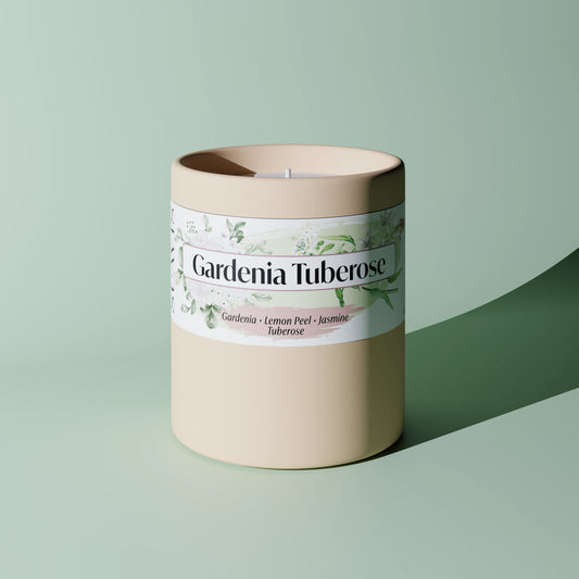 Gardenia Tuberose Scented Candle in a 12oz Cream Ceramic vessel.