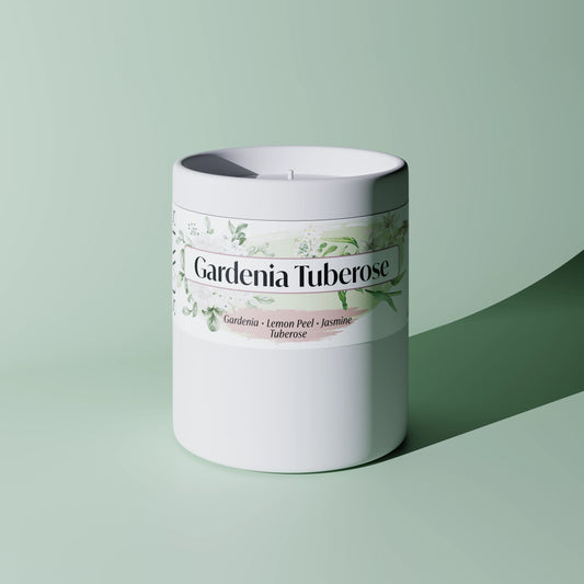 Gardenia Tuberose Scented Candle in a 12oz White Ceramic vessel.