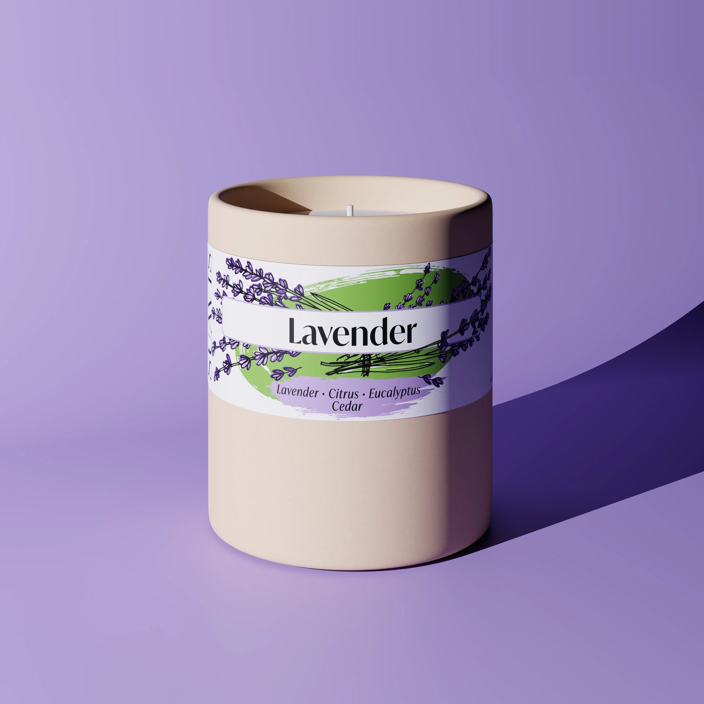 Lavender Scented Candle in a 12oz Cream Ceramic vessel.