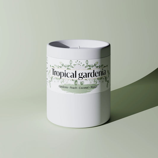 Tropical Gardenia Scented Candle in a 12oz White Ceramic vessel.