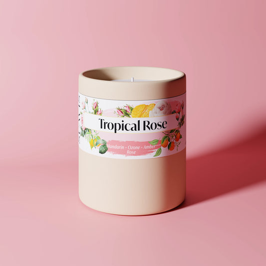 Tropical Rose Scented Candle in a 12oz Cream Ceramic vessel.