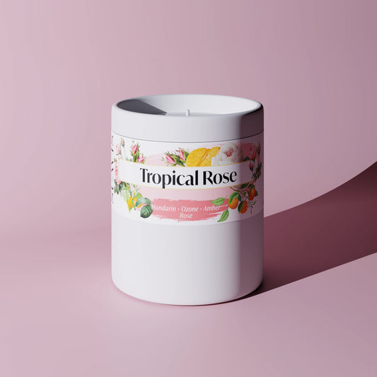 Tropical Rose Scented Candle in a 12oz White Ceramic vessel.