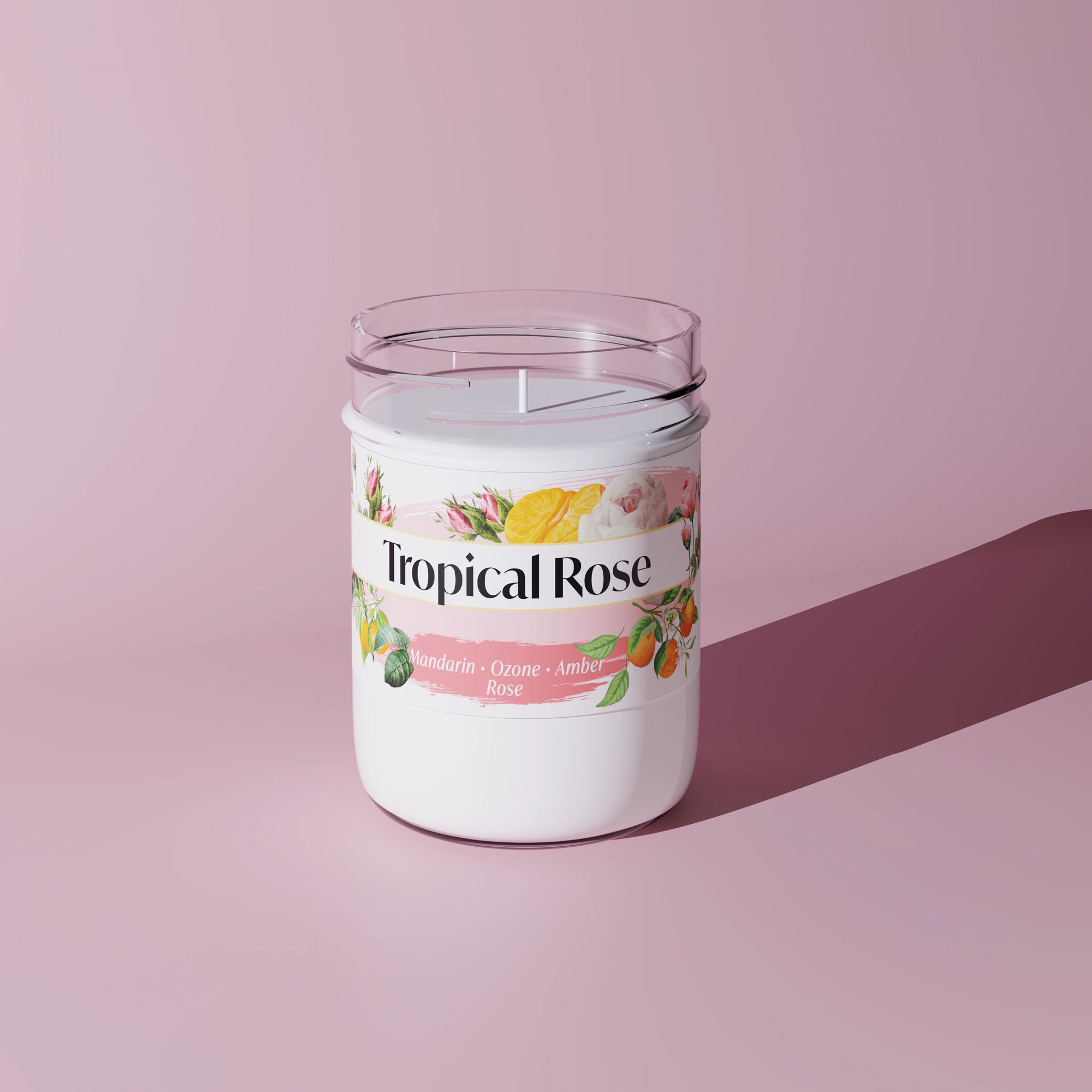 Tropical Rose Scented Candle in a 6.2oz glass vessel.